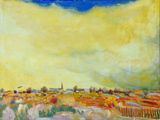 une peinture à l'huile représentant un champ jaune avec un ciel bleu en arrière-plan