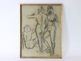 painting of two nudes and a dog on a white wall