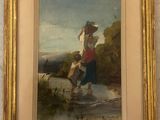 une image représentant un tableau où l'on voit une femme et un chien au bord d'un ruisseau