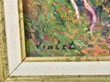 a painting of a woman riding a horse in a field