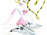 a drawing of a woman in a pink dress sitting on a bed