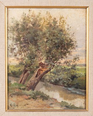 une peinture représentant une rivière avec un arbre au premier plan