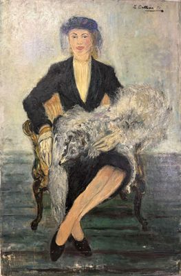 une image représentant un tableau où l'on voit une femme assise sur une chaise avec un chien