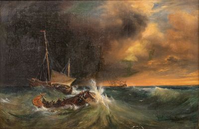 an oil painting of a boat in a rough ocean with a ship in the background