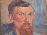 painting of a man with a beard in a blue shirt and white shirt