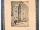 a black and white drawing of a man walking down a street