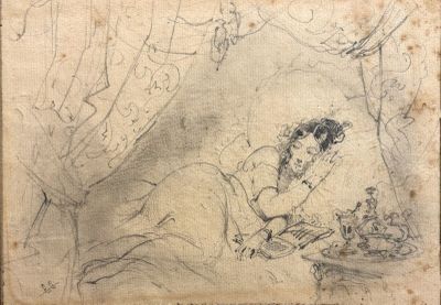 un vieux dessin représentant une femme allongée dans son lit, la tête posée sur un oreiller