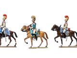 three figurines of men riding horses on a white background