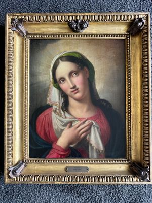 an old painting of a woman with a scarf in a gold frame