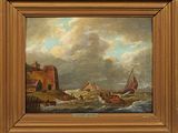 an oil painting of a boat in rough water with a castle in the background