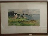 aquarelle encadrée représentant la vue d'un petit village au bord de l'eau