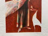 un tableau représentant une femme et un oiseau sur fond rouge