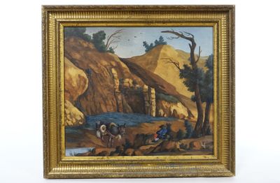 une peinture à l'huile représentant un paysage avec des personnes à cheval et une rivière au premier plan