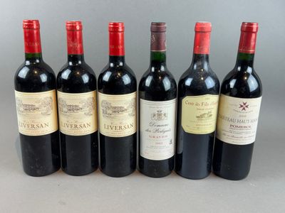 six bottles of wine lined up in a row on a table