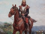 a painting of a man riding a horse on a dirt road