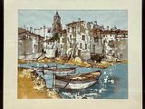 a picture of a painting of a town by the water