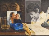 painting of a man writing a letter to a woman and a glass of whiskey