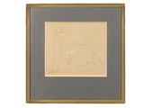 a drawing of a cat sitting on the ground in front of a white background