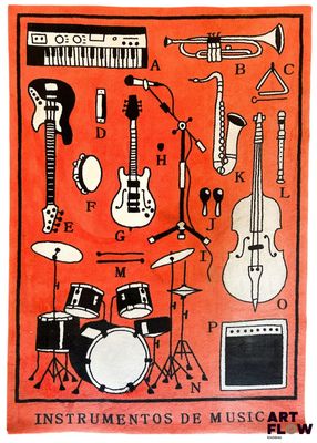 une image représentant une affiche avec des instruments de musique sur fond rouge