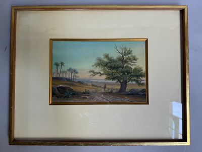 peinture représentant un paysage avec un arbre et un homme marchant sur une route