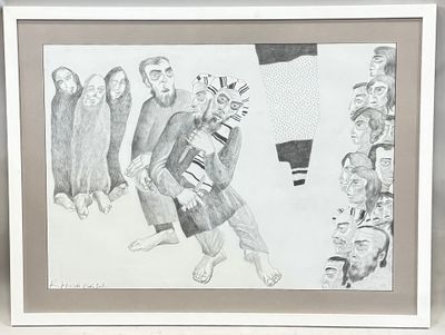 dessin représentant un groupe de personnes alignées, avec un homme au milieu d'elles