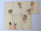 six cartes sur lesquelles sont représentées des femmes et des fleurs, sur un fond blanc