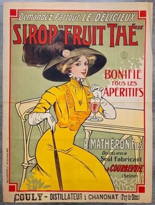 an old french poster advertising a woman in a yellow dress and hat
