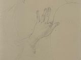 pencil drawing of a hand reaching for something on a table