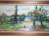 an oil painting of a landscape with trees in a gold frame