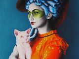 painting of a woman with blue hair holding a white cat in her arms