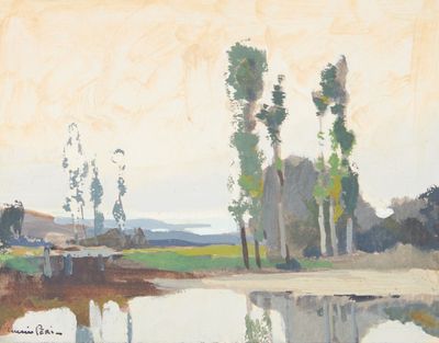 un tableau représentant un paysage avec des arbres et un plan d'eau