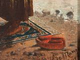 a painting of a woman standing on a rug next to a red shoe