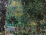 an oil painting of a path in a wooded area with trees