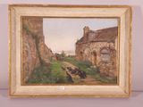 an oil painting of a farm scene with chickens in a field