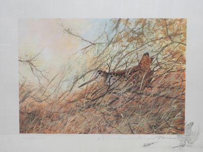 tableau représentant un cerf dans un champ d'herbes hautes, avec des arbres en arrière-plan
