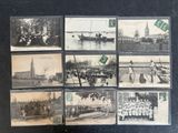 several old black and white photographs of people and boats in the water