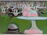 un tableau représentant une course de chevaux avec des jockeys en arrière-plan
