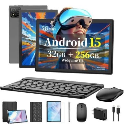 an image of a tablet computer with a keyboard, mouse, mouse and other gadgets