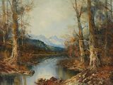 painting of a river in a wooded area with mountains in the background