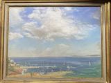painting of a view of a bay with sailboats in the water