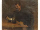 tableau représentant un homme assis à une table avec une bouteille de vin