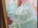 tableau représentant un homme en chemise verte en train de peindre une femme en chemise blanche