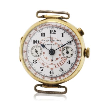 a gold pocket watch with a white face and a red second hand