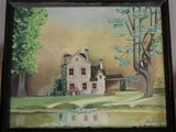 a painting of a house in the middle of a field