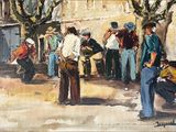 une peinture représentant un groupe de personnes à l'extérieur d'un bâtiment