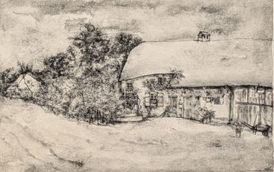 dessin au crayon représentant une ferme avec une grange et des arbres au bord de la route