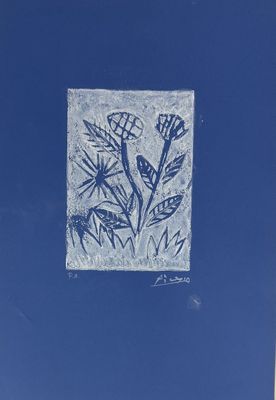 an image of a picture of a bird on a plant in a blue sky