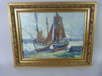 an oil painting of boats on a beach with a boat in the background
