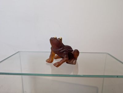 une figurine de grenouille brune posée sur une étagère en verre