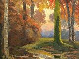une peinture à l'huile représentant un ruisseau traversant une forêt remplie d'arbres